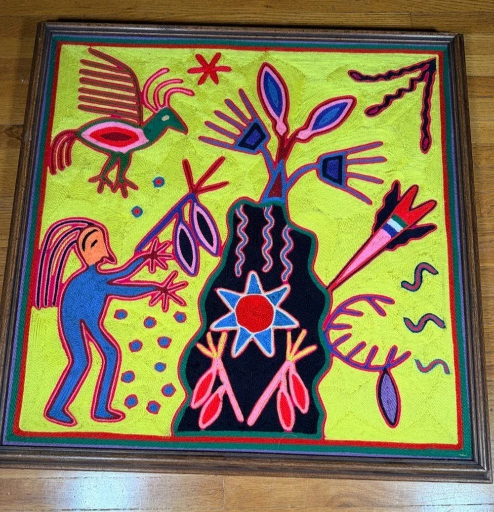 Vintage Huichol Wixárika Yarn Painting Mexican Folk Art Framed 25x25